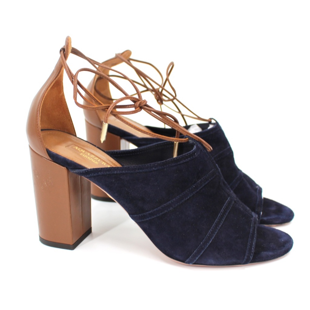 Aquazzura Very Eugenie Sandals Navy Suede Peep Toe Leather Ankle Tie Heeled 39